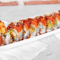 Hot Night Roll · RAW FISH. Inside : Shrimp tempura, Cucumber, Avocado / Top : Spicy Tuna, Crunch, Sauce