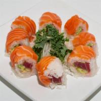 Orange Roll · RAW FISH. Inside : Tuna, Cucumber, Avocado / Top : Salmon, Sauce / wrapped with Soy Paper