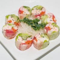 Summer Roll (No Rice) · Tuna, Salmon, Snapper, Crabstick, Shrimp, Crabmeat, Cilantro, lettuce, Sauce / wrapped with ...