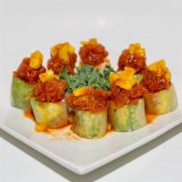Rose Roll (No Rice) · Inside : Shrimp Tempura, Crabmeat, Avocado / Top : Spicy Tuna, Pineapple, Sauce / wrapped wi...