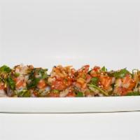 Monorail Roll · Inside : Shrimp Tempura, Avocado, Cucumber / Top : Salmon, Tomato, Cilantro, Onion, Jalapeño...