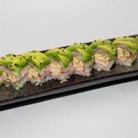 Veggie Garden Roll · Inside : Spicy Tofu, Green Onion, Cucumber / Top : Avocado / wrapped with Soy paper.
