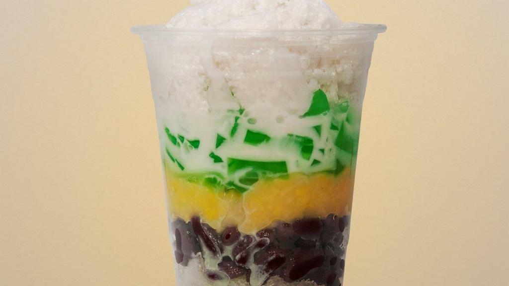 Che Ba Mau (Special) · Three color dessert. Red bean, mashed mung bean, pandan jelly, sugar syrup, and coconut milk served with crushed ice.