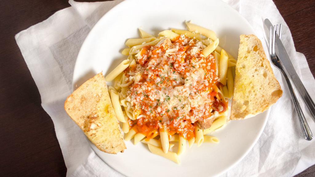 Chicken Pasta Primo (1010 Cal) · Grilled, 100% antibiotic-free chicken breast, penne pasta, tomato-basil sauce, Asiago. Served with herb focaccia.