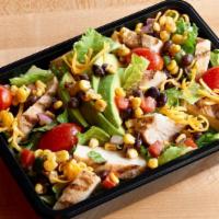 Mesa Chicken Salad - Original, No Chicken · Mixed salad greens, cheddar, grape tomatoes, chopped avocado, roasted corn and black bean mi...