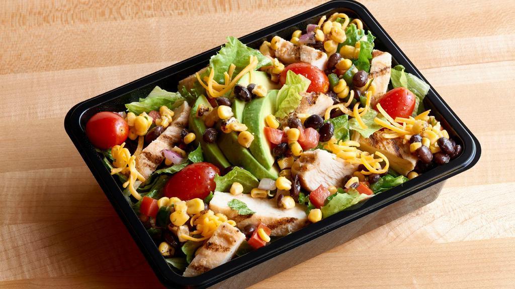 Mesa Chicken Salad - Original · Grilled, 100% antibiotic-free chicken breast, mixed salad greens, cheddar, grape tomatoes, chopped avocado, roasted corn and black bean mix, served with jalapeño ranch dressing.