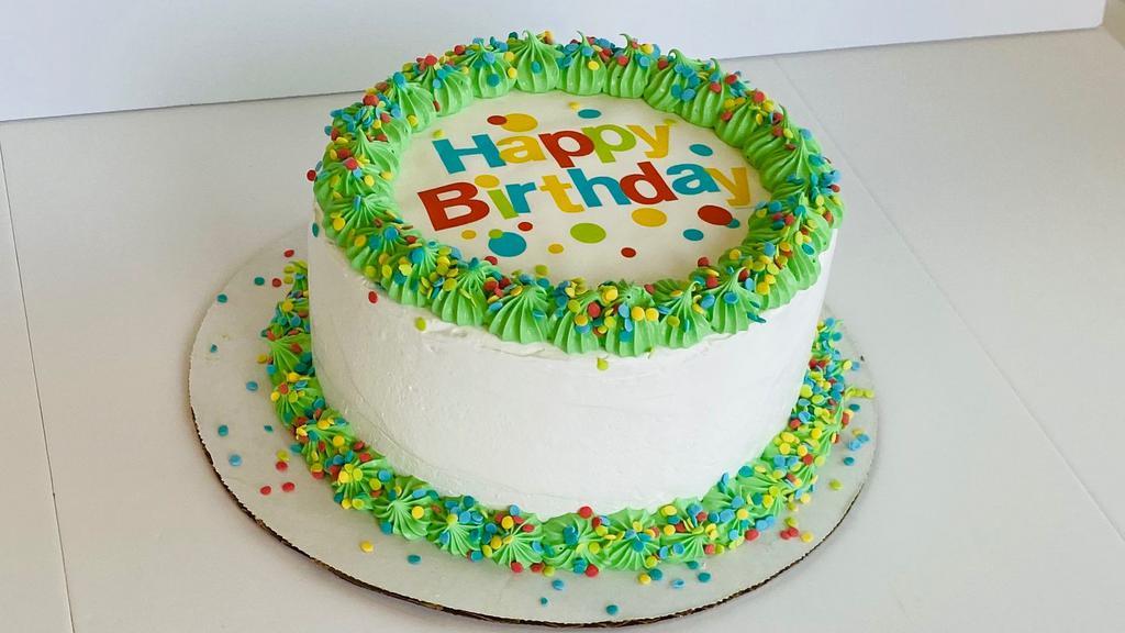 Birthday Cake · Serves 10-12. Chocolate and Vanilla froyo layers, with a yummy fudge-and-Oreos filler, on a chocolate or vanilla cake base (depending upon current availability). Decorated with a colorful birthday theme! Please call the store at 817-485-1111  to confirm options and availability BEFORE ordering.