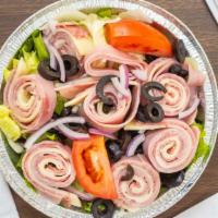 Italian Salad · Lettuce, Tomatoes, Onions, Cucumbers, Black Olives, Pepperoncini Peppers with Ham, Salami an...