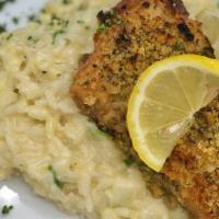 Lemon Crusted Cod · Baked 8 oz. lemon crusted Atlantic cod filet on a bed of asparagus risotto, served with a le...