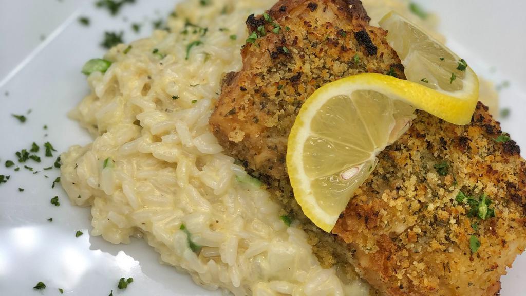 Lemon Crusted Cod · Baked 8 oz. lemon crusted Atlantic cod filet on a bed of asparagus risotto, served with a lemon butter sauce
