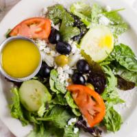 Greek Salad (Large) · Mixed greens, feta cheese, black olives, onions, green olives.