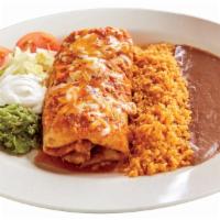 Chicken Chimichanga · Mexican-American fusion of a large burrito prepared with chicken. (Beans, Rice, Lettuce, Che...