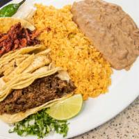 3 Taco Special · Choice of corn or flour tortilla. Served with rice and beans. Vegetables on the side.