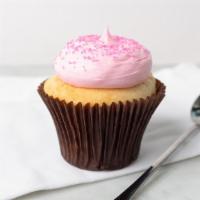 Pink Vanilla Cupcake · Vanilla bean cake topped with our signature pink buttercream frosting and pink sanding sugar.