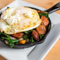 Farmers Market Skillet · 2 eggs any style, andouille sausage, sweet potatoes, spinach, kale, purple onion, goat cheese.