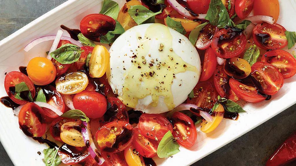 Tomato Caprese With Fresh Burrata · Creamy burrata mozzarella, tomatoes, fresh basil, red onions, balsamic glaze, drizzled with extra-virgin olive oil