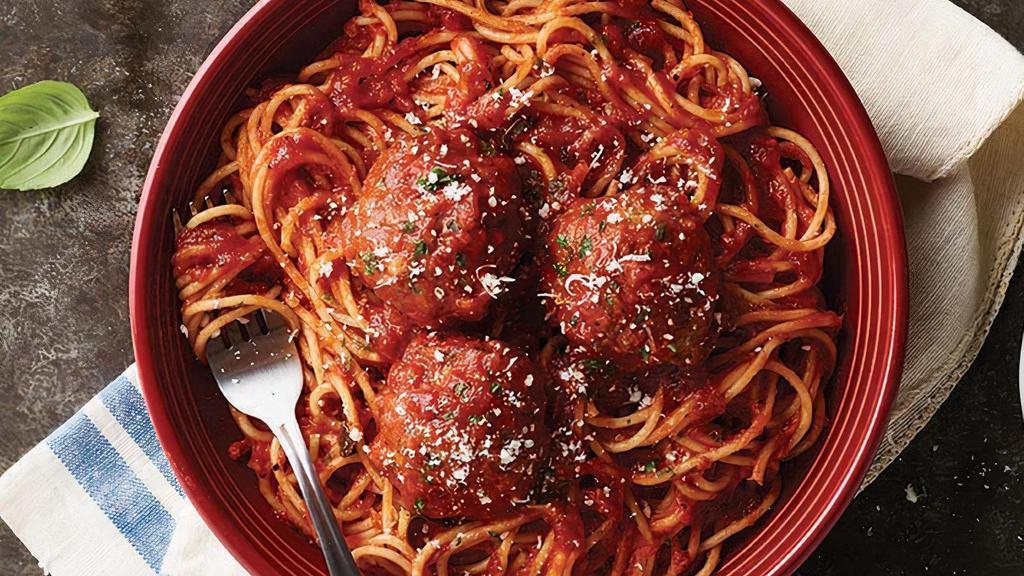 Spaghetti · Topped with our pomodoro sauce. Add meatballs or substitute Bolognese meat sauce for an additional charge.