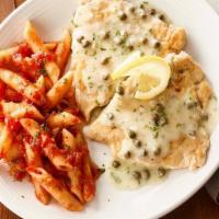 Chicken Piccata · Thin, tender cutlets of chicken lightly dusted with flour, sauteed and topped with lemon but...