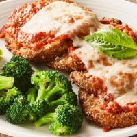 Eggplant Parmesan · Layers of sliced eggplant coated with seasoned breadcrumbs and topped with pomodoro sauce, m...