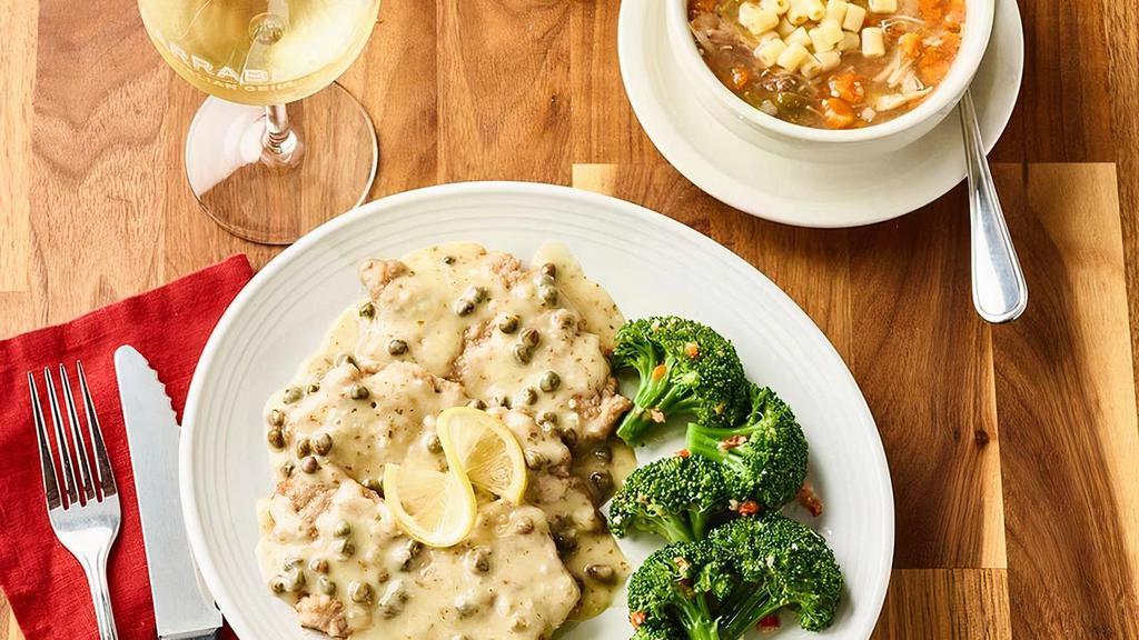 Veal Piccata · Thin, tender cutlets of veal lightly dusted with flour, sauteed and topped with lemon butter sauce, parsley and capers