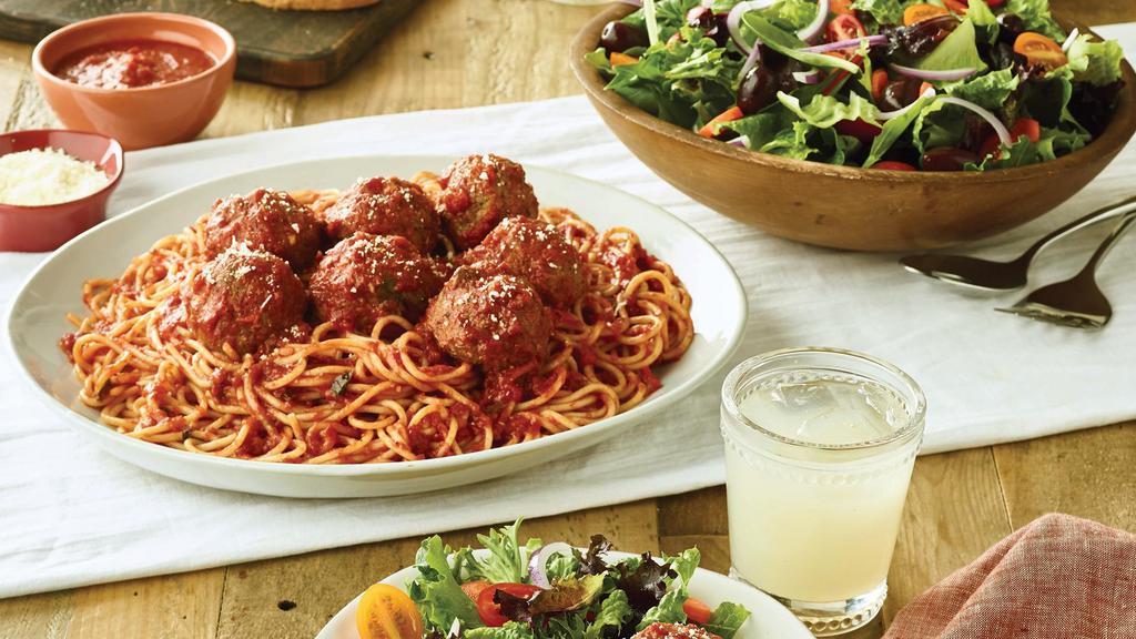 Family Bundle Spaghetti · Tossed with our pomodoro sauce. Add meatballs or substitute Bolognese meat sauce for an additional charge. Includes your choice of side salad and bread. Feeds 4-5 people.
