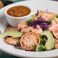 Shrimp & Avocado Salad · Greens tomato avocado and grilled shrimp.