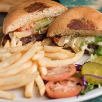 Baja Burger · Angus beef and pepper jack cheese on a jalapeno-cheese bun with marinated onions, lettuce an...