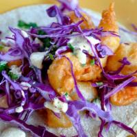 Crispy Shrimp · Tempura fried shrimp with red cabbage, remoulade sauce and cilantro.