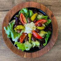 Greek Salad · Lettuce, Feta Cheese, Tomatoes, Kalamata Olives, Olive Oil and Balsamic Vinegar topped with ...