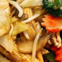 Moo Goo Gai Pan · Assorted vegetables, pineapple and sprouts stir-fried in light sauce. Includes your choice o...