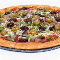 The Primo · (640 cal/slice). Canadian bacon, pepperoni, Italian sausage, mushrooms, bell peppers and red...