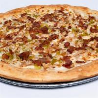Green Chile Chicken · (510 cal/slice). Roasted chicken, garlic cream sauce, roasted green chiles, smoked bacon, mo...