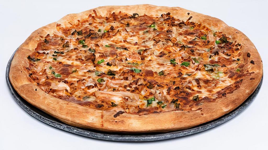 Bbq Chicken · (540 cal/slice). BBQ sauce topped with roasted chicken, smoked cheddar, mozzarella - provolone cheese and green onions.