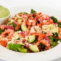 Turkey Bacon Chop Salad · Chopped turkey, sweet and spicy bacon bits, cucumber, pickled onion, tomato, queso fresco & ...
