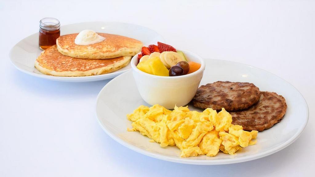 Our Famous Hearty Breakfast · Two eggs, buttermilk pancakes, choice of bacon, sausage, or ham, & choice of side.