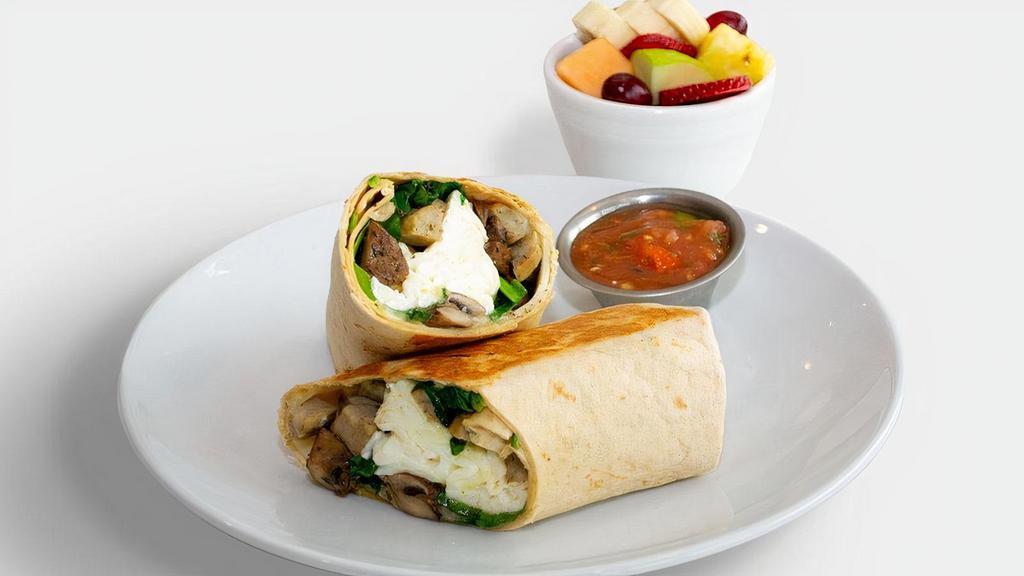 Protein Wrap · Egg whites, chicken sausage, fresh spinach, mushrooms & swiss cheese in a whole wheat tortilla with choice of side