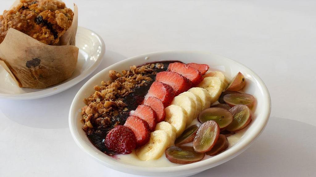 Berry Yogurt Bowl · Organic vanilla yogurt, sliced fruit, granola & a swirl of our homemade berry jam, served with a homemade muffin