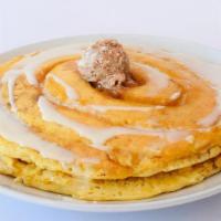 Cinnamon Roll Pancakes · Cinna-sugar swirl, tres leches, cinnamon butter