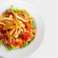 Buffalo Chicken Salad · Crispy or grilled chicken tossed in hot sauce, fresh greens, diced tomato, tortilla strips, ...