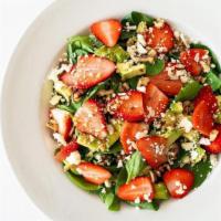 Berry Avocado Salad · Fresh greens with extra spinach, strawberries, avocado, feta & candied walnuts served with r...