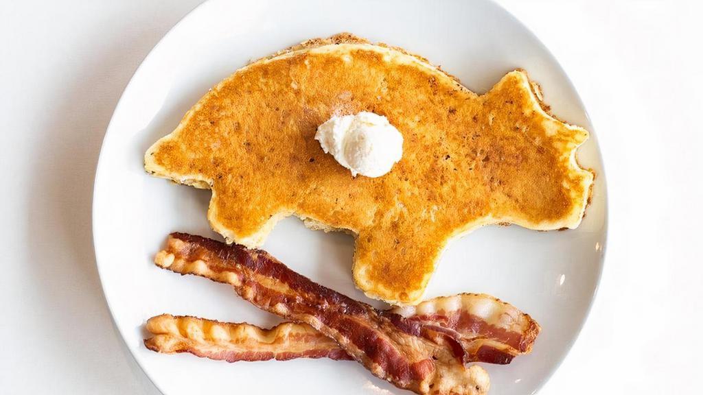 Dinosaur Pancake · Buttermilk pancake in a fun dinosaur shape served with your choice of meat.
