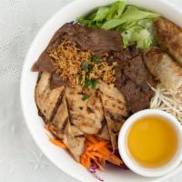 Bowls · Served with noodle bowl, two choices of meat, eggroll, salad and mix veggies.