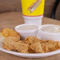 3 Piece Chicken Combo · Includes 1 regular side, large drink, and a biscuit or roll