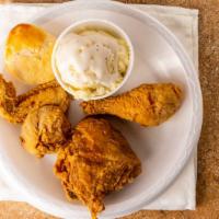 Three Piece Chicken · Served with gravy and a biscuit or roll. Served with a regular side and a large drink.