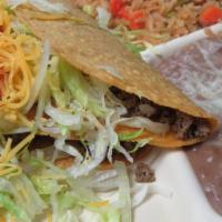 Crispy Tacos Plate · Ground beef, lettuce, tomato, cheese, with rice and beans.