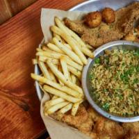Station Platter · Fried combination! One catfish, 3 chicken planks, 4 fried oysters, 4 shrimps with dirty rice...