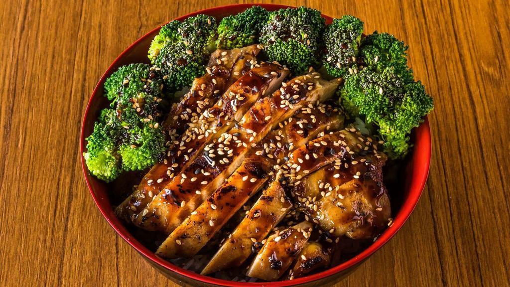 Teriyaki Chicken Bowl · Grilled Chicken Thigh, Steam broccoli, Steam rice top with teriyaki sauce and sesame seeds.
