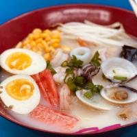 Seafood Ramen · Ramen noodle with shrimp, crab stick, fish cake, seasoned egg and vegetables.