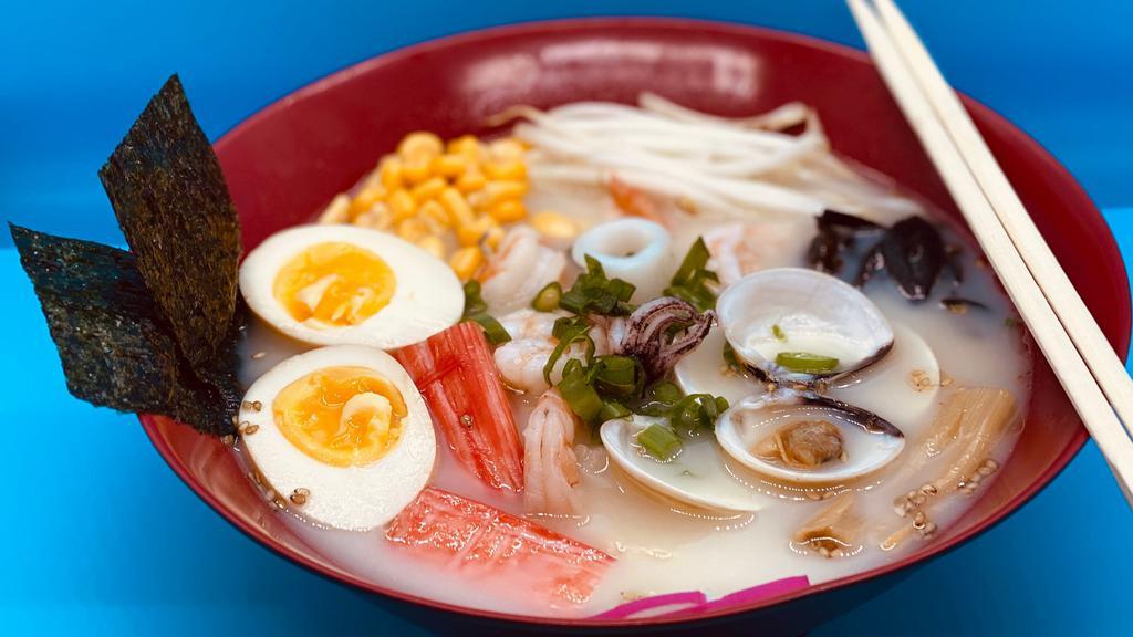 Seafood Ramen · Ramen noodle with shrimp, crab stick, fish cake, seasoned egg and vegetables.