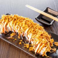 Crunch Roll · Crab salad avocado cucumber top with crab stick spicy mayo sushi sauce and crunch onion
